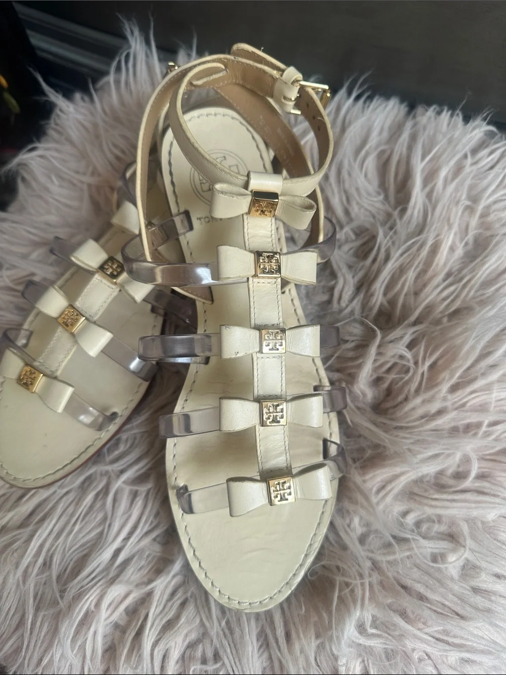 Tory Burch Cream and Clear Bow-Strap Sandals with Gold Logo